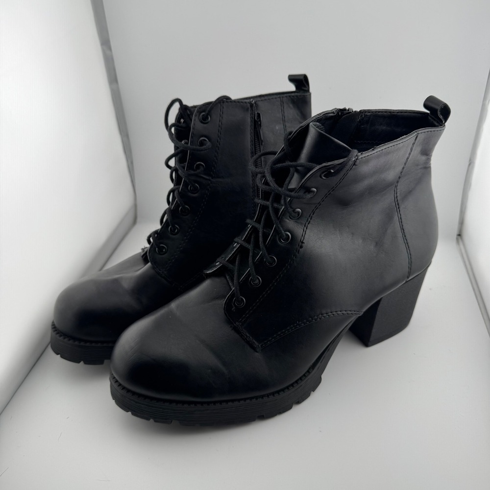 Soda Combat Ankle Boots Womens 11 Black Lug Sole Block Heel Side Zip Lace Up